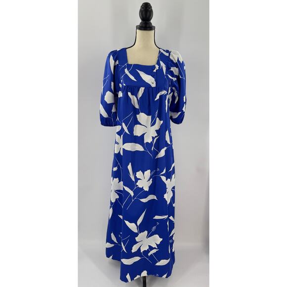1970s Hilo Hattie Vintage Hawaiian Dress Blue White Muumuu Long Maxi S M - Picture 9 of 11